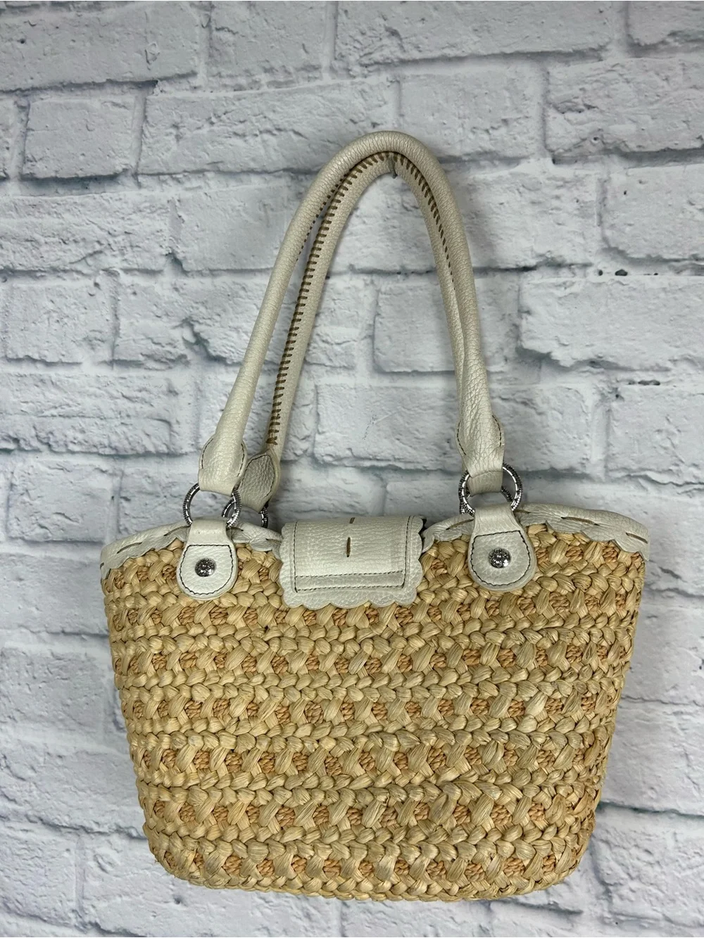 Brighton Raffia Tote White Leather Trim Daisy Floral Lined Shoulder Bag
